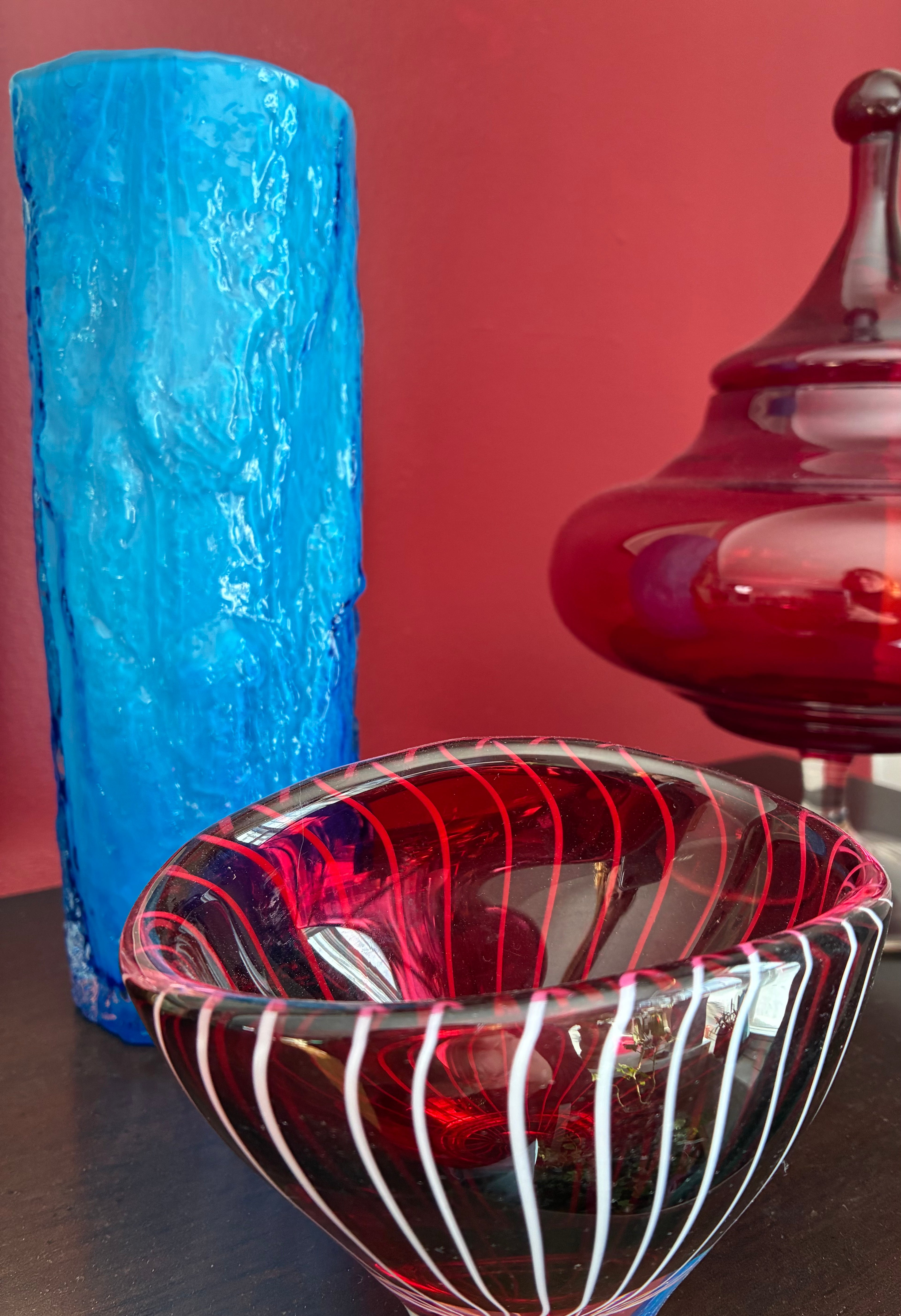 Vintage red striped art glass bowl with white stripe detailing